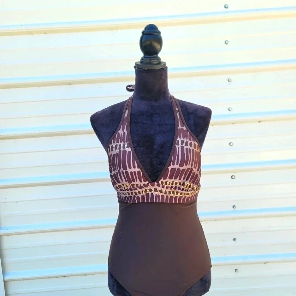 COVER ME Women's SWIMSUIT SIZE 12 SWIM BROWN GOLD Foil ONE PIECE Halter